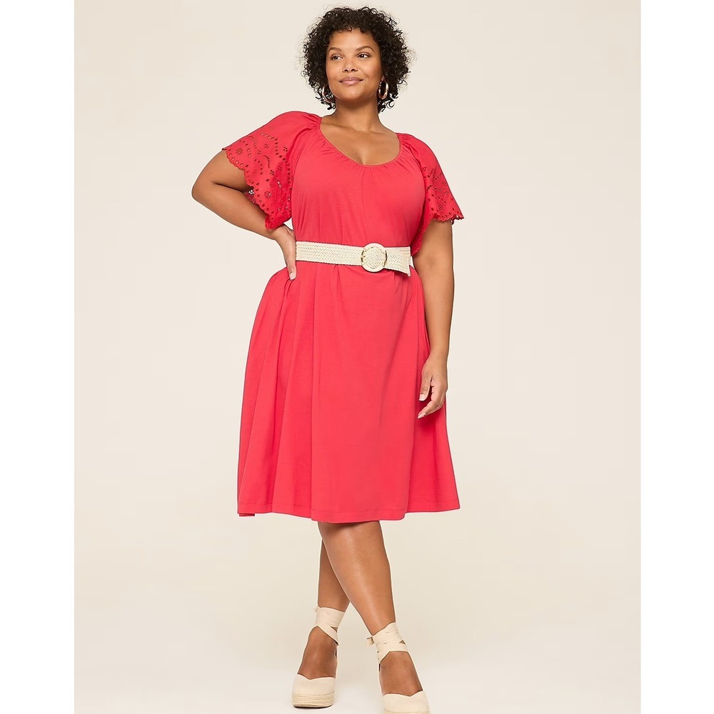 Lane Bryant Eyelet Flutter Sleeve Belted Midi Dress Plus Size 18/20 Red Cotton